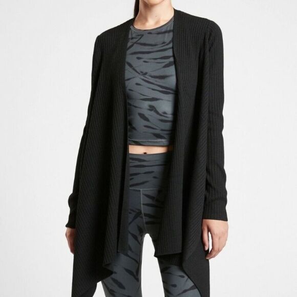 Athleta Solstice Wrap Black Cardigan Sweater Relaxed Fit large merino wool - Picture 1 of 8